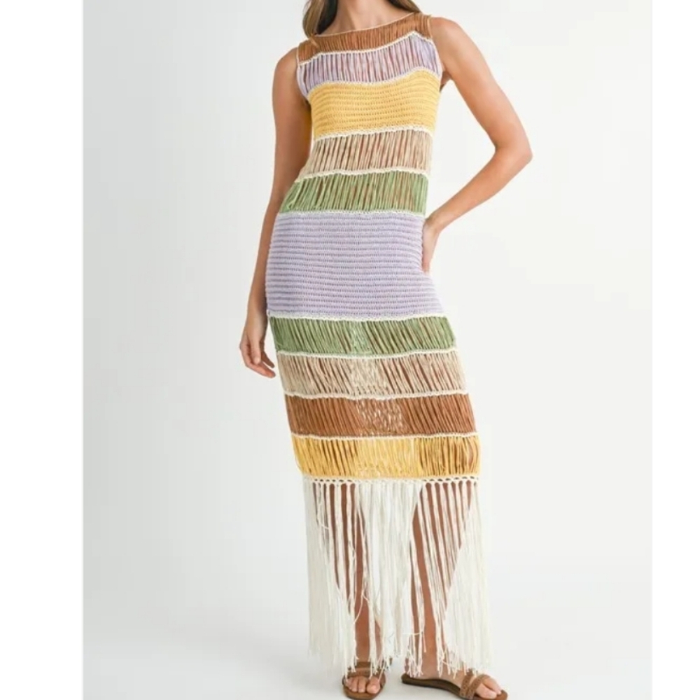 NWT Mable Crochet Knit Multicolor Striped Fringe Maxi Dress L - Picture 3 of 8